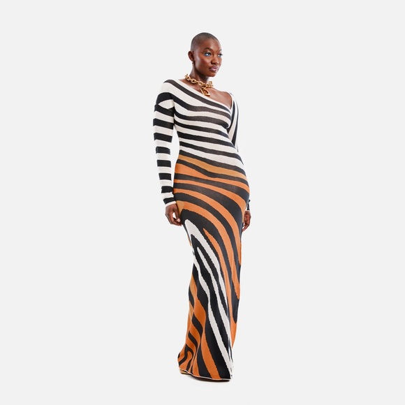 Hanifa Nina Black and Orange Striped Long Sleeve Dress - Picture 1 of 6